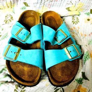 Birkenstock Arizona Blue and Gold Leather Sandals Women’s size EU 38 is US 7/7.5